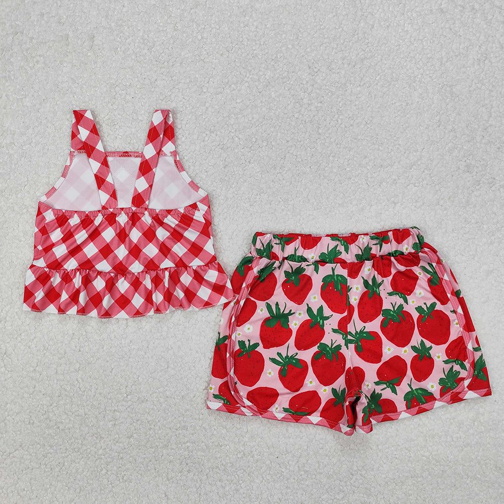 GSSO2037 red strap crop strawberry shorts set