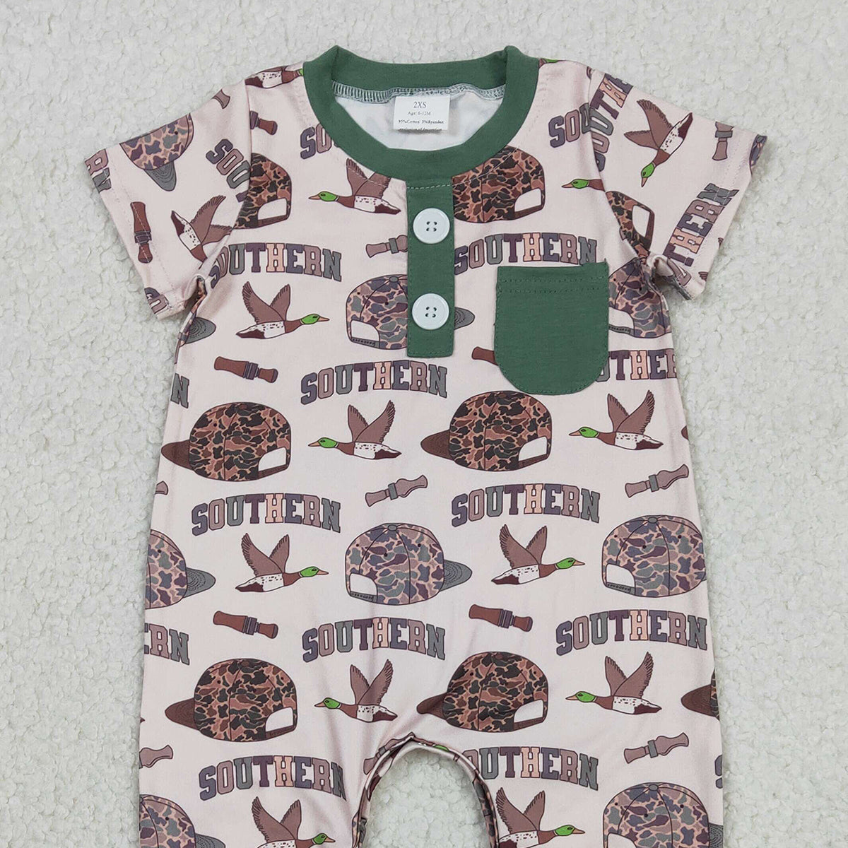 Baby Boys Camouflage Footie Rompers with Button Pocket And Duck Design Southern Style Baby Boys Outfit with Camo Hat