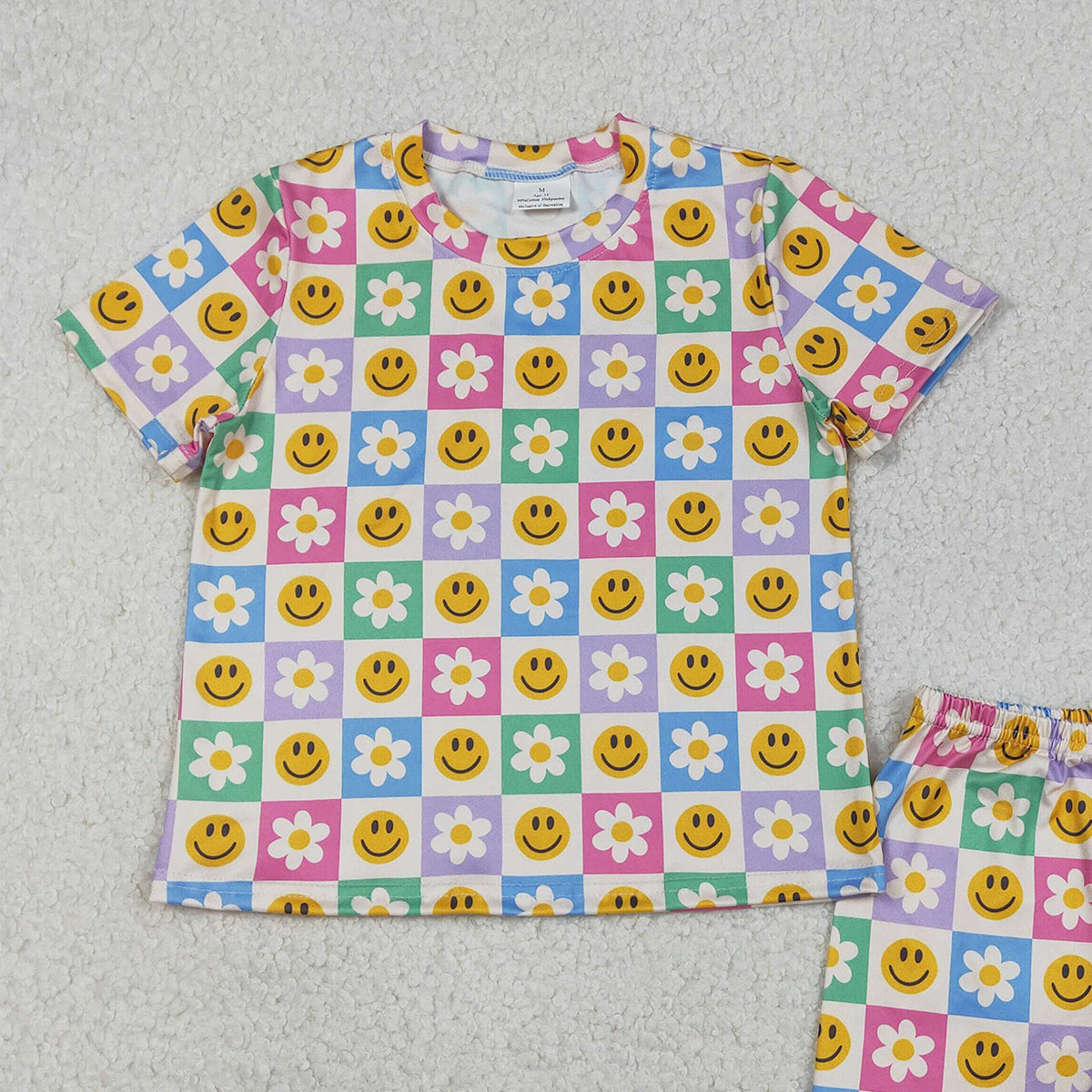 Baby Girls Colorful Smile Flowers Checked Shorts Set with Pockets Cute Casual Outfit Baby Girl Clothing Set