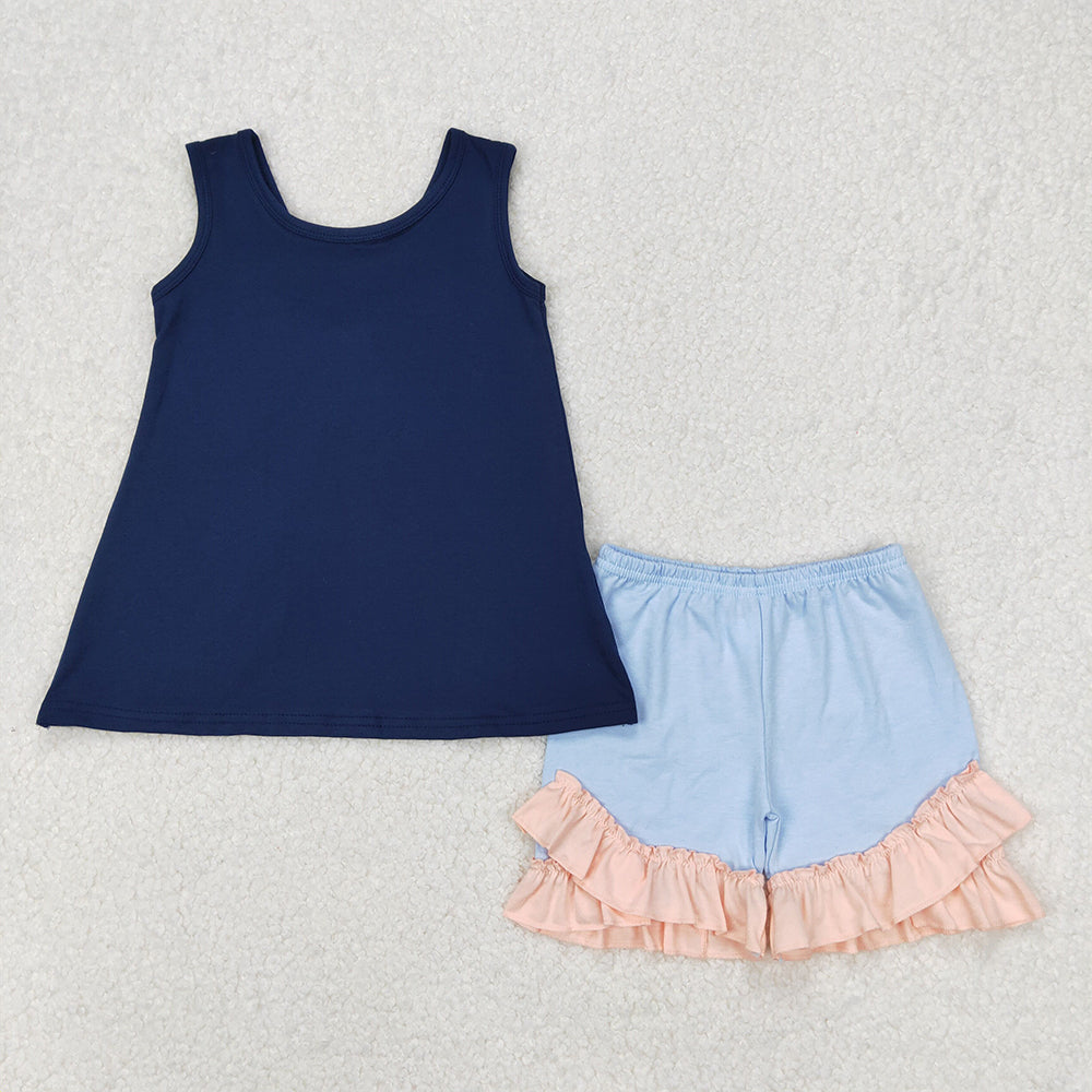 GSSO2272 Baby Girls Navy Big Bow Back Tunic Tops Ruffle Shorts Clothes Sets D 3.24