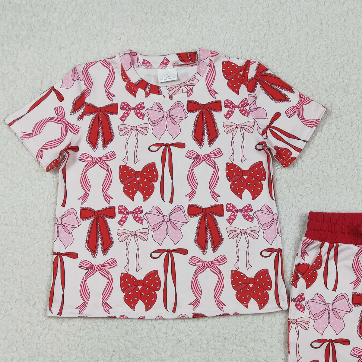 Baby Girls Red Bows Top with Short Sleeves And Pockets Shorts Outfit Set Cute Children's Clothing for Girls