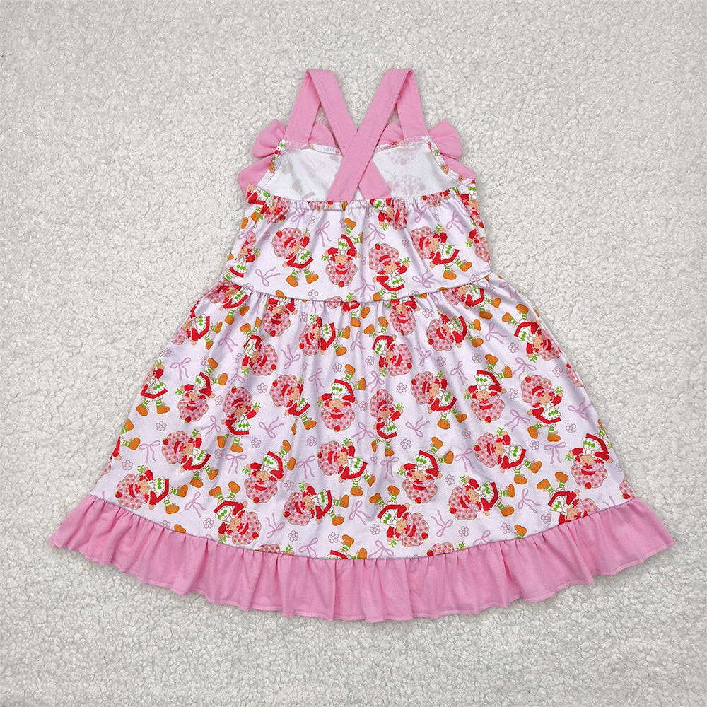 GSD2213 Baby Girls Pink Strap Bows Strawberry Floral Knee Length Dresses  D 4.4