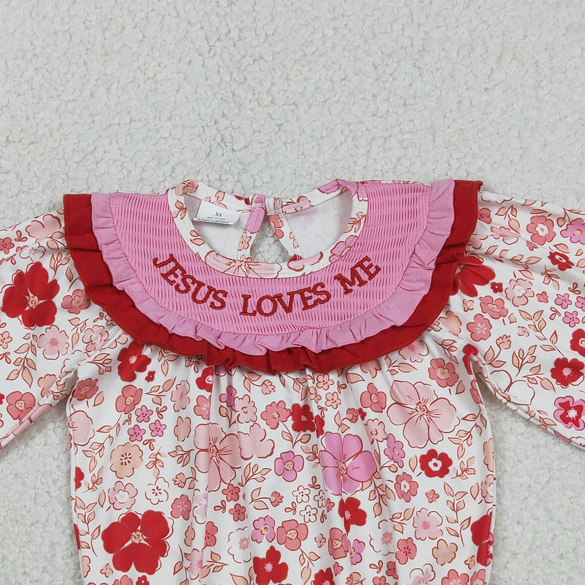 Baby Girls Smocked Ruffle Rompers 'Jesus Loves Me' Floral Print Cute Baby Girl Outfit