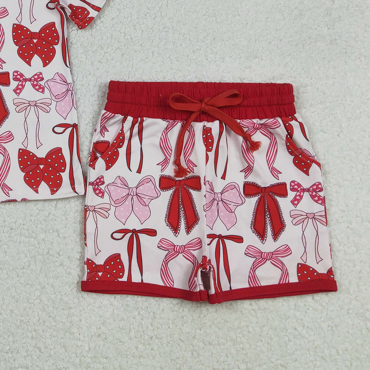 Baby Girls Red Bows Top with Short Sleeves And Pockets Shorts Outfit Set Cute Children's Clothing for Girls