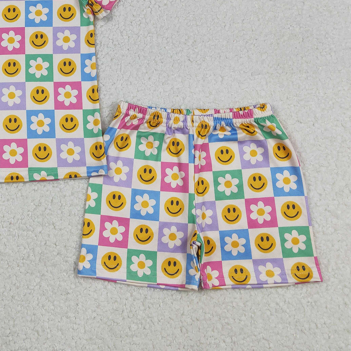 Baby Girls Colorful Smile Flowers Checked Shorts Set with Pockets Cute Casual Outfit Baby Girl Clothing Set