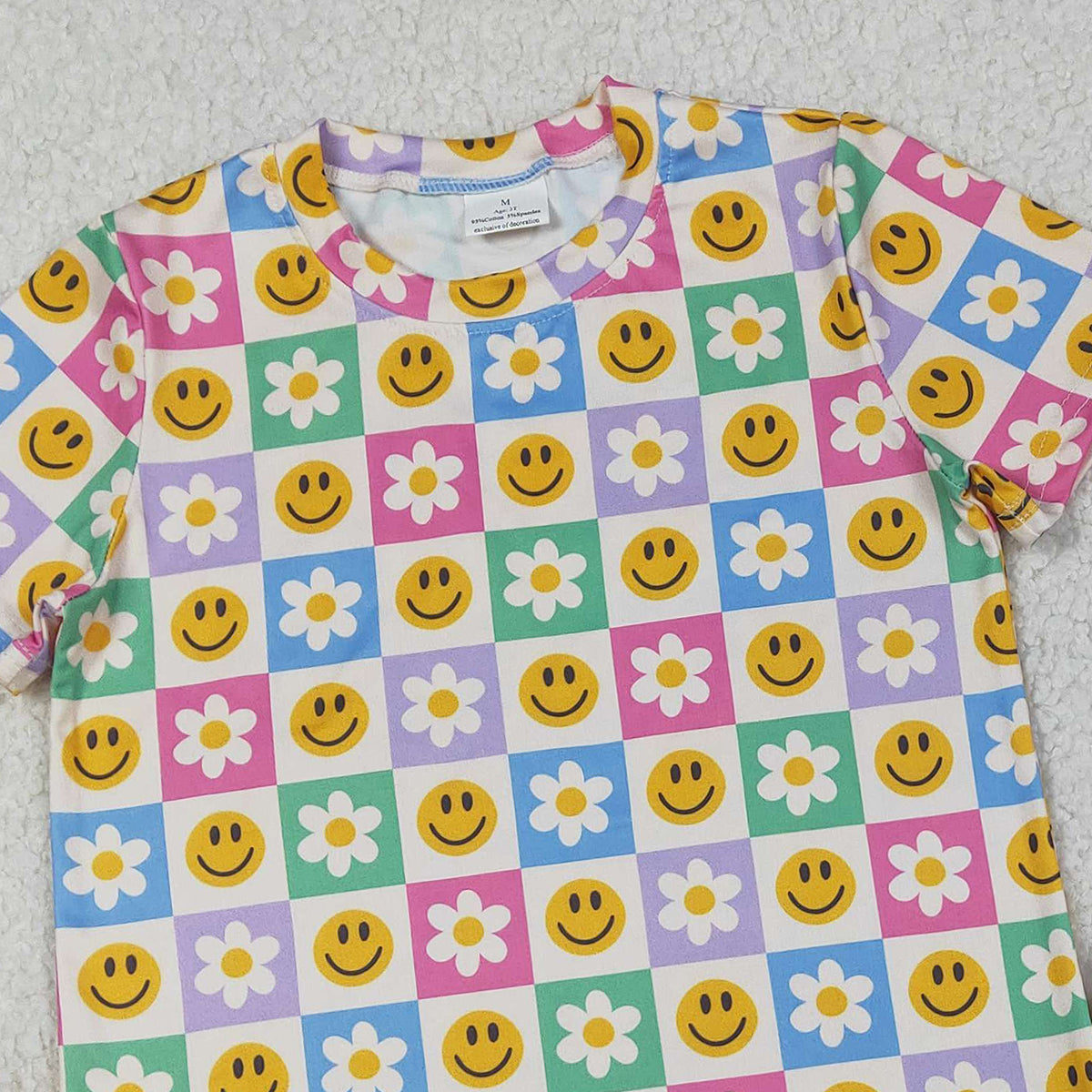 Baby Girls Colorful Smile Flowers Checked Shorts Set with Pockets Cute Casual Outfit Baby Girl Clothing Set