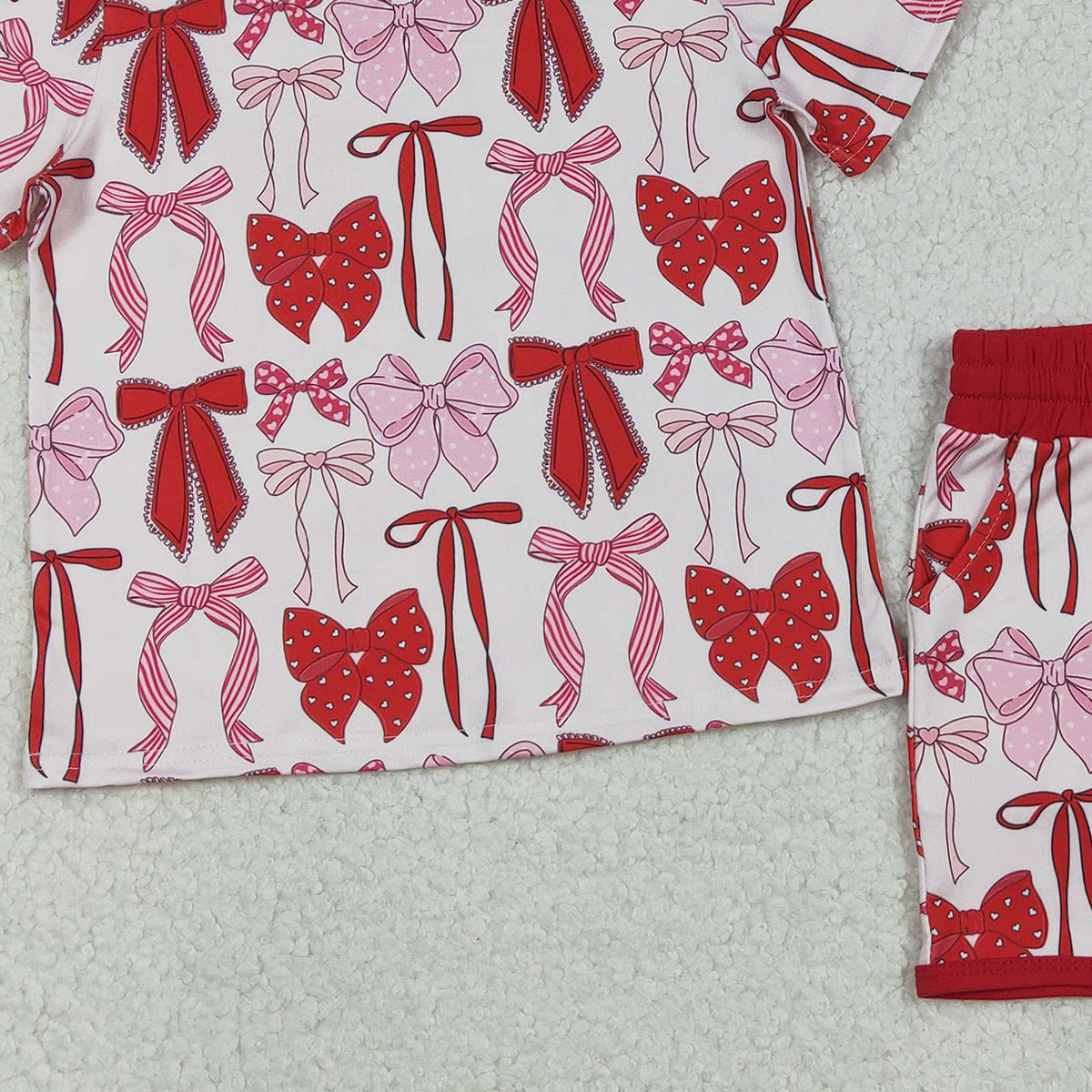 Baby Girls Red Bows Top with Short Sleeves And Pockets Shorts Outfit Set Cute Children's Clothing for Girls