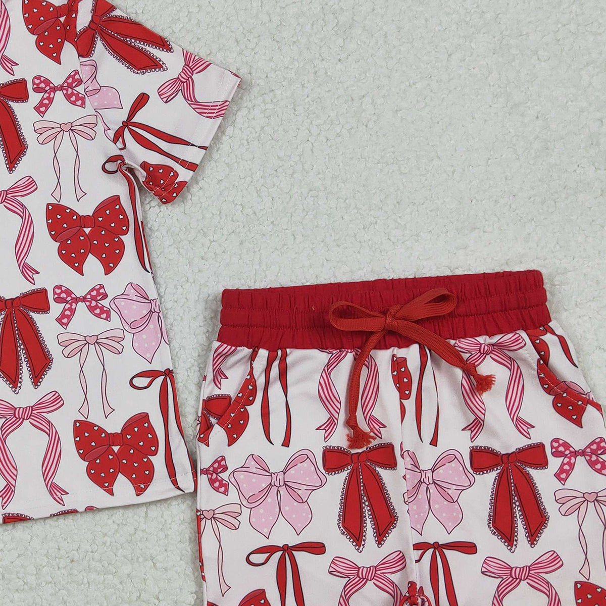 Baby Girls Red Bows Top with Short Sleeves And Pockets Shorts Outfit Set Cute Children's Clothing for Girls