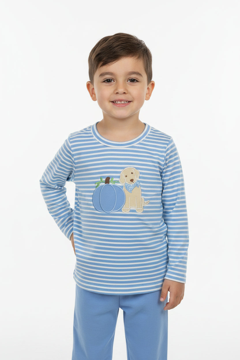 embroidery puppy blue pumpkin stripes shirt pants boy outfit