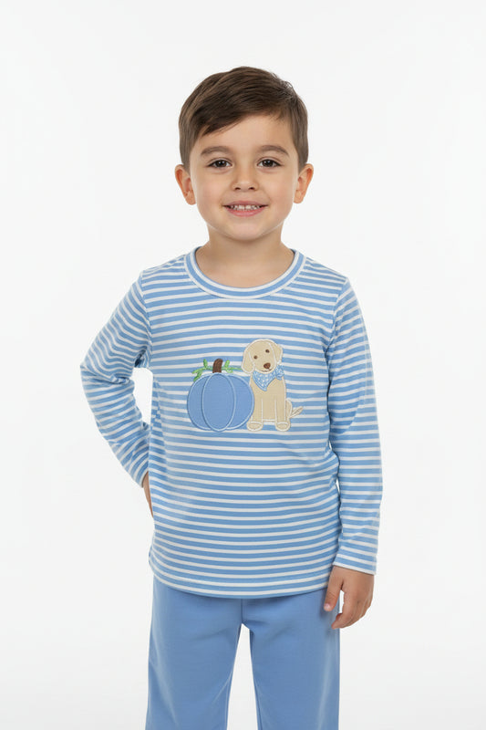 embroidery puppy blue pumpkin stripes shirt pants boy outfit
