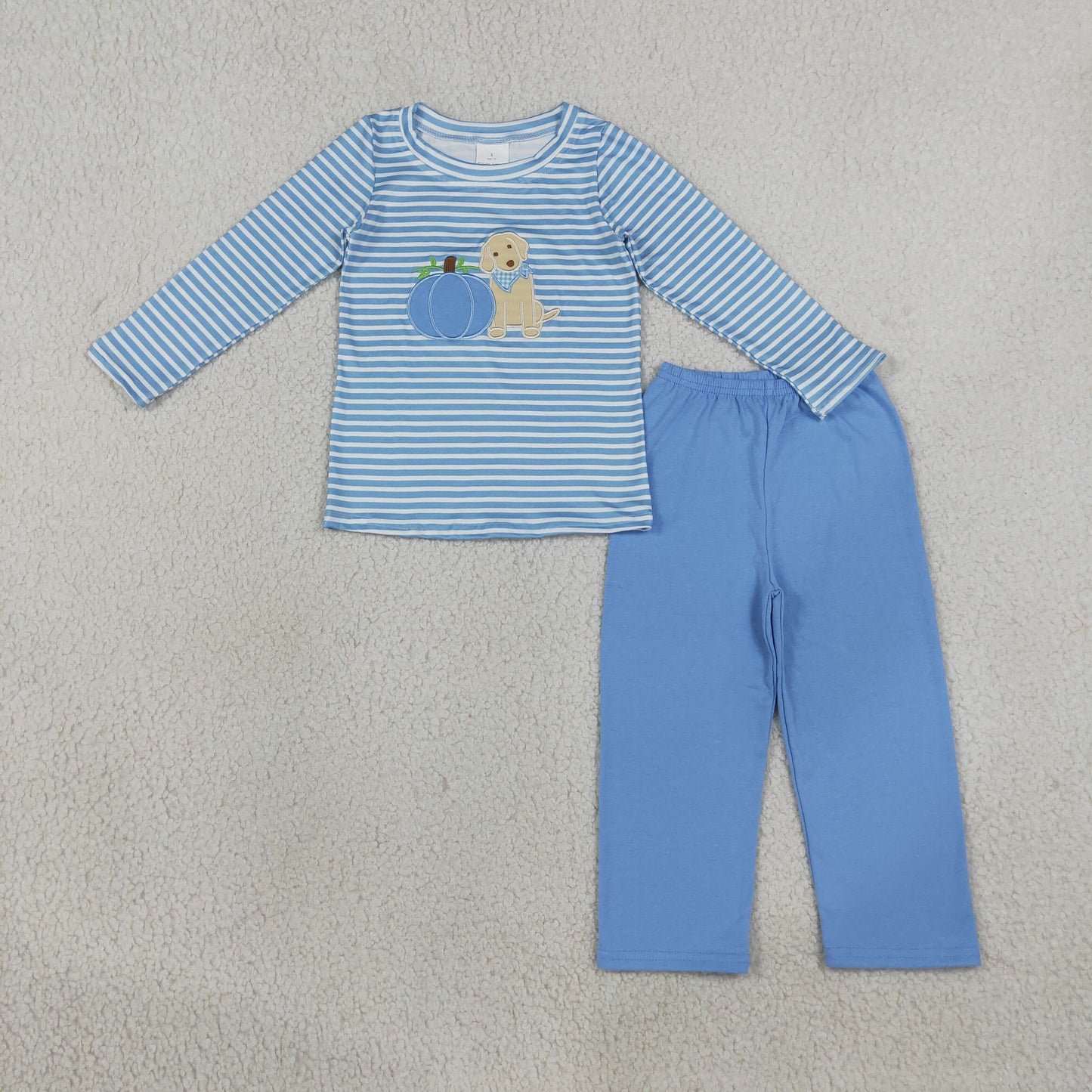 embroidery puppy blue pumpkin stripes shirt pants boy outfit