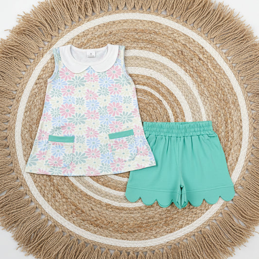 sleeveless daisy flower scallop shorts set girl clothing