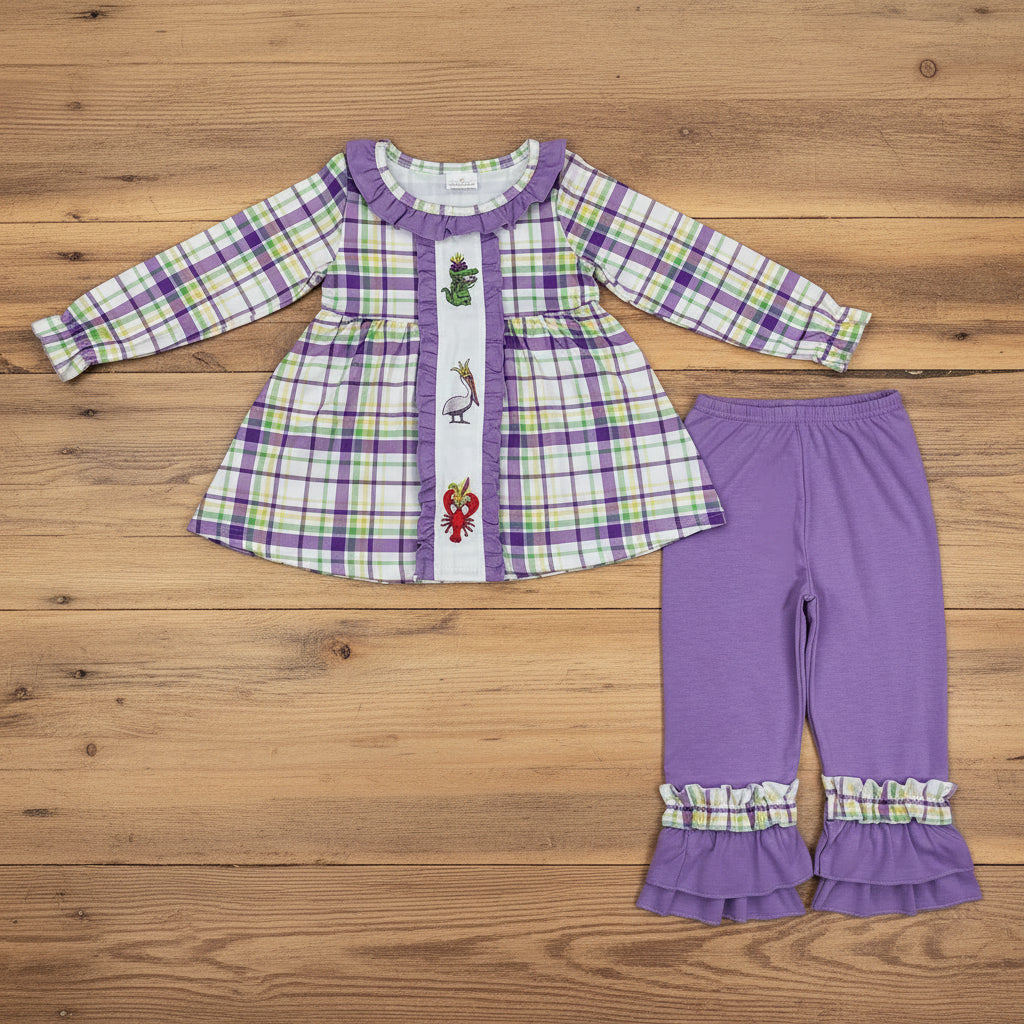 Mardi Gras plaid tunic purple ruffle pants set