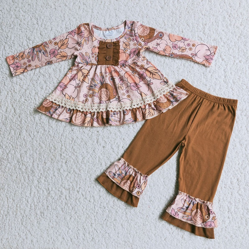 6 B2-38 Turkey Pumpkin Top Brown Ruffled Trousers set