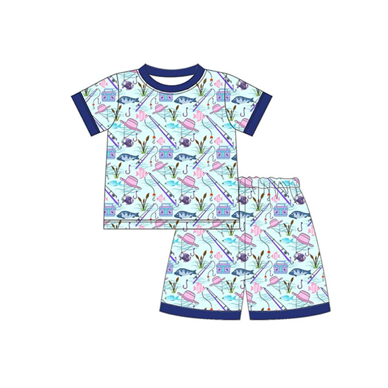 pre-order BSSO0770 Fishing Blue Short Sleeve Shorts Pajama Set