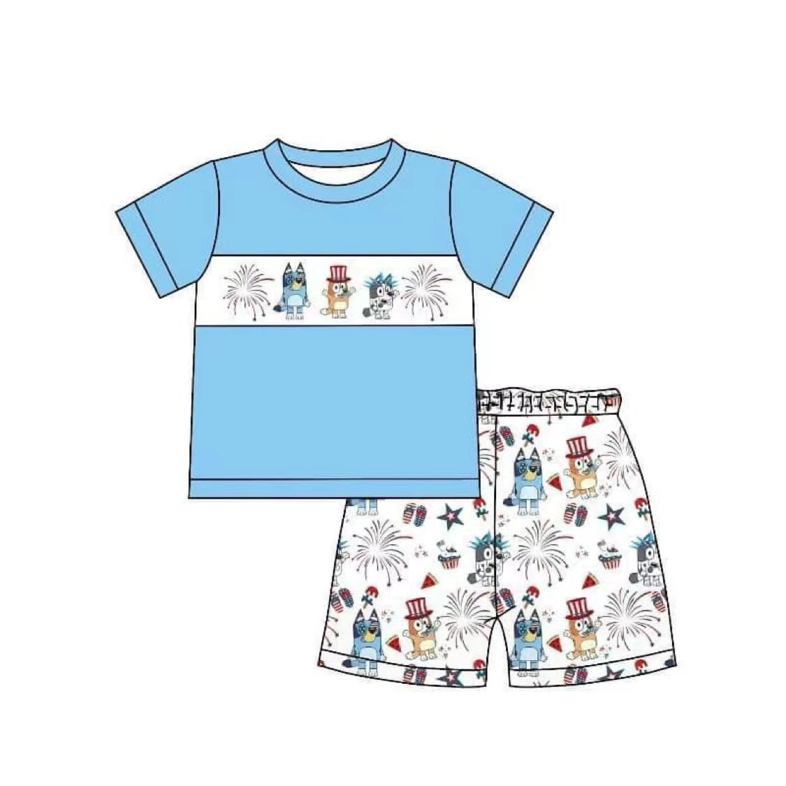 BSSO0792 National Day Fireworks Blue and White Short Sleeve Shorts Set
