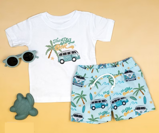 presale  BSSO0874 Bus Palm Tree White Short Sleeve Shorts Suit