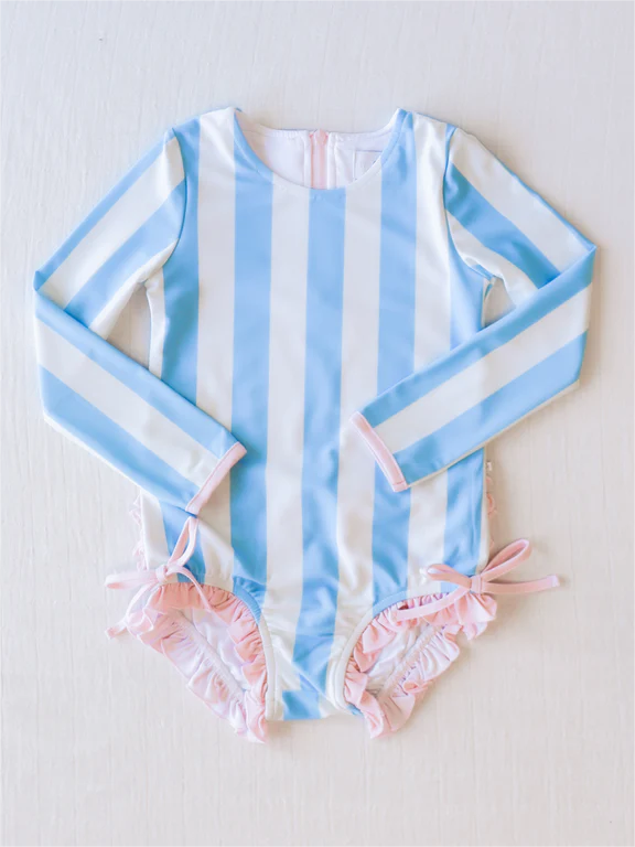 preorder S0385 Blue and white striped zippered long-sleeve one-piece swimsuit