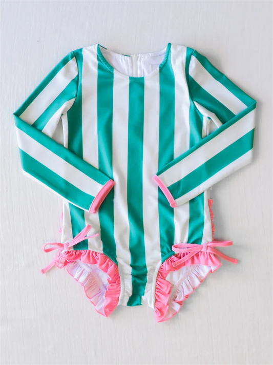 preorder S0386 Green and white striped zippered long-sleeve one-piece swimsuit