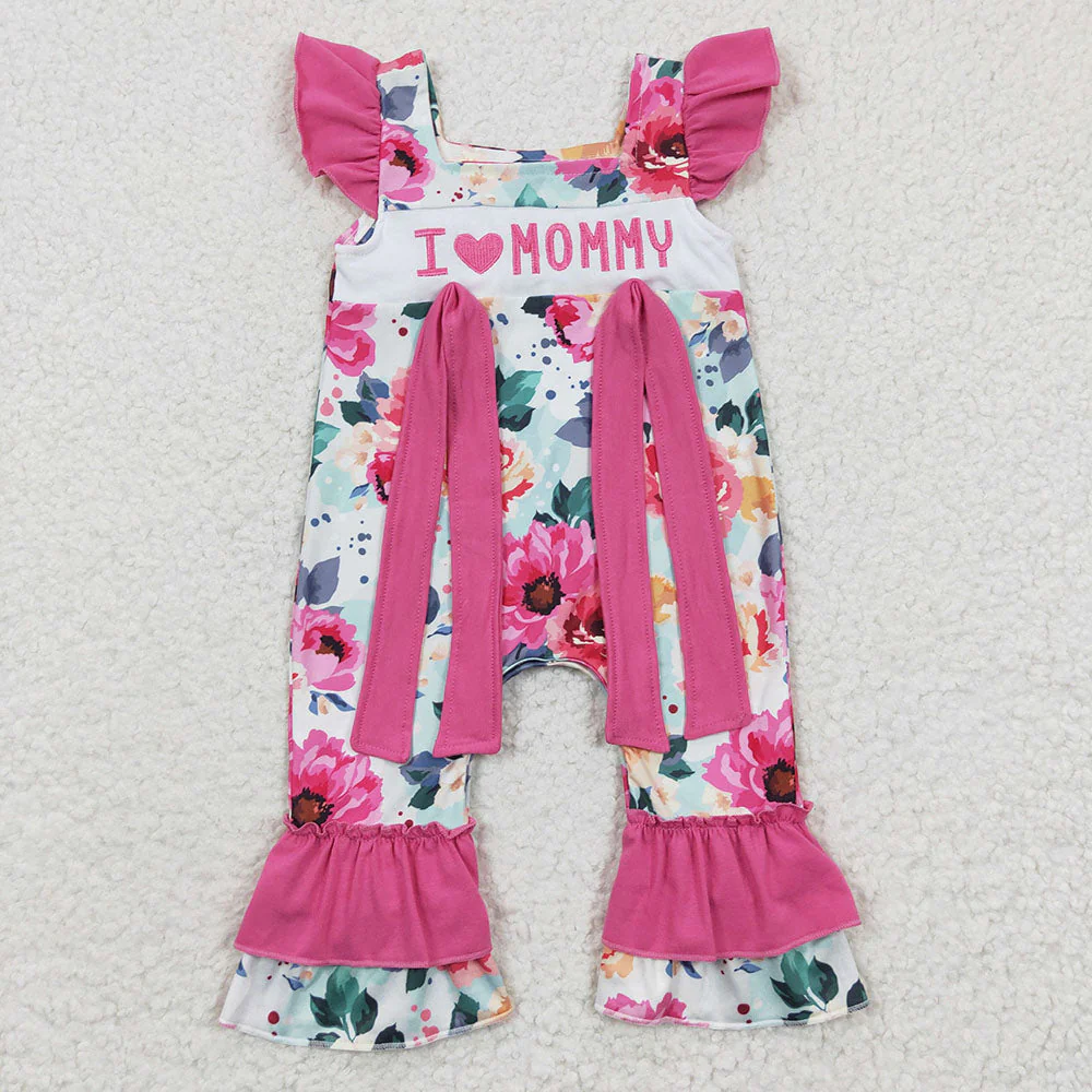 Match Baby Girls I Love Mom Pink Floral Rompers Dresses