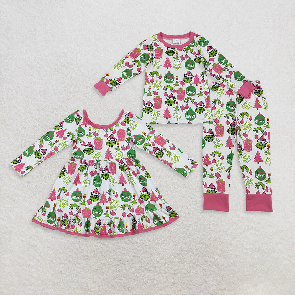 Sibling Baby Girls Green Face Gifts Christmas Dresses Set    D 920
