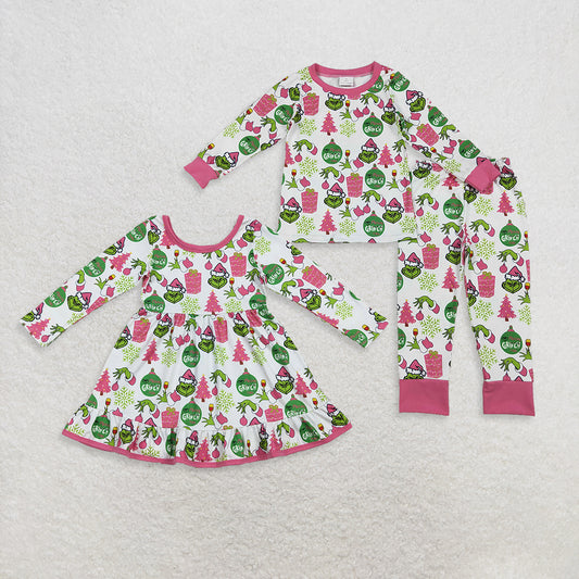 Sibling Baby Girls Green Face Gifts Christmas Dresses Set D 920