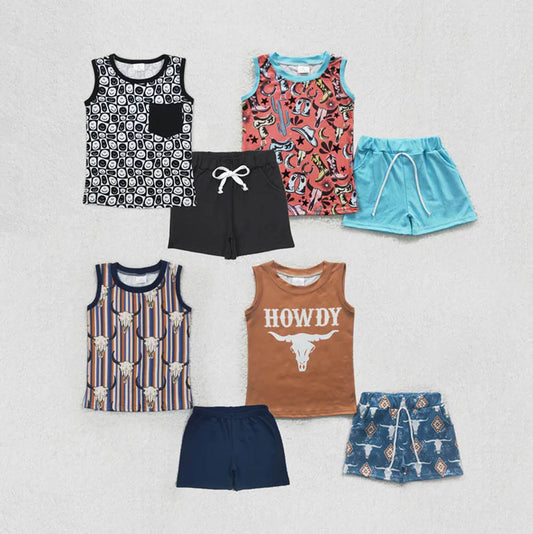 Sibling Baby Boys Sleeveless Tee Shirt Top Smiles Western Howdy Shorts Clothes Sets D 7.8
