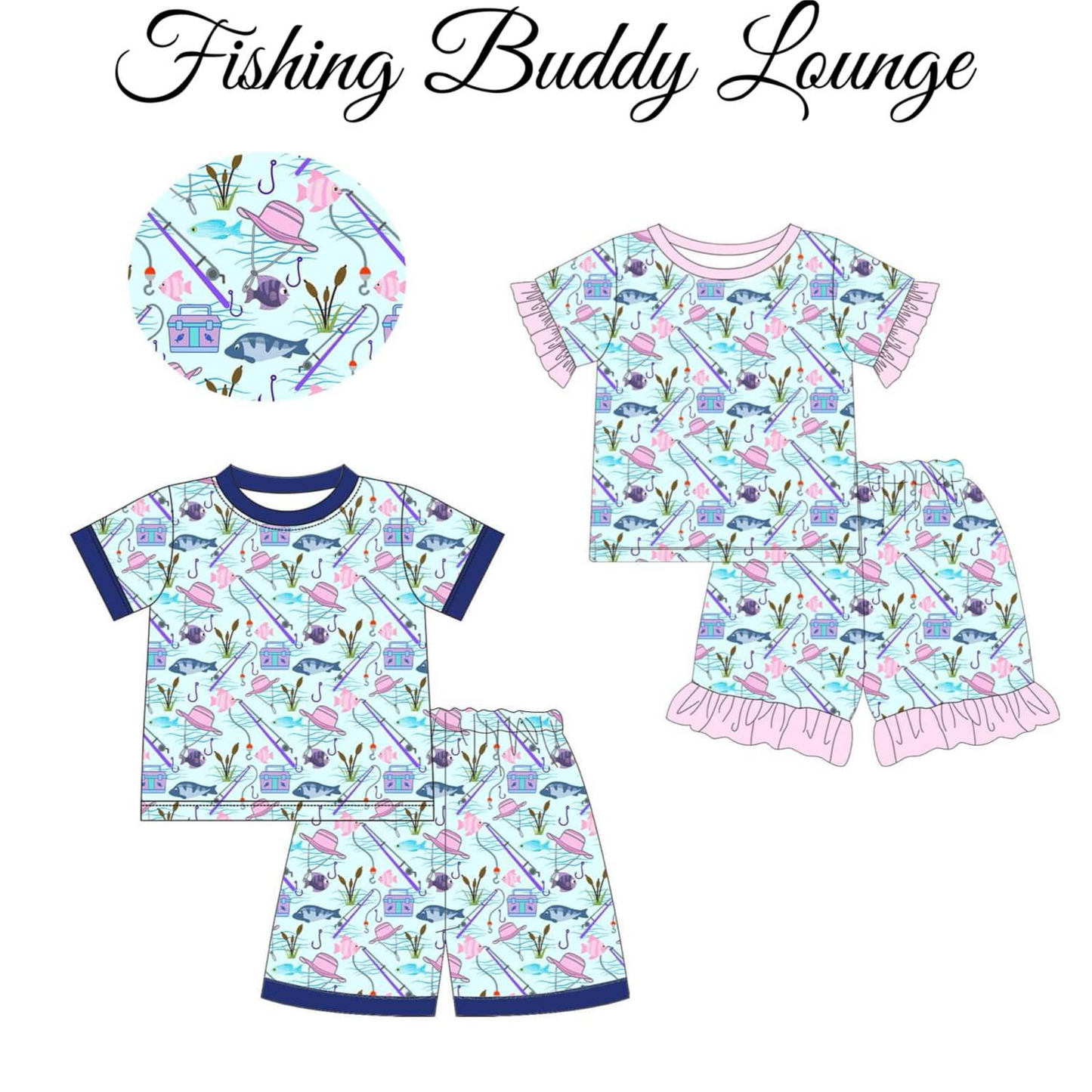 pre-order BSSO0770 Fishing Blue Short Sleeve Shorts Pajama Set