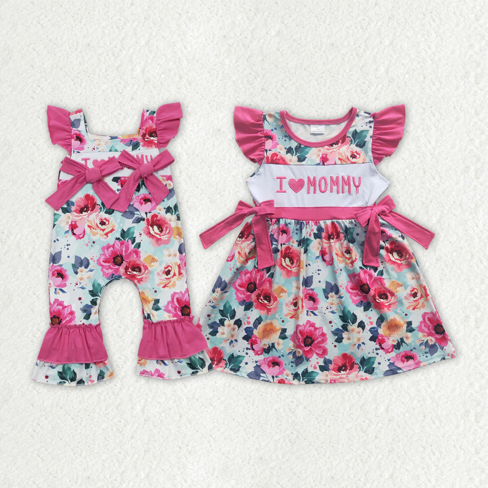 Match Baby Girls I Love Mom Pink Floral Rompers Dresses