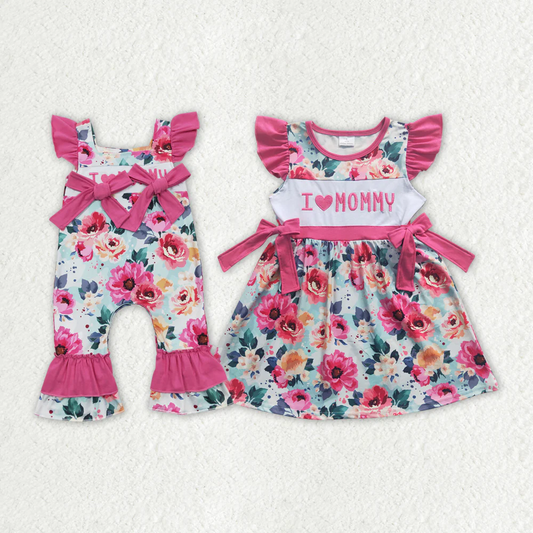 Match Baby Girls I Love Mom Pink Floral Rompers Dresses
