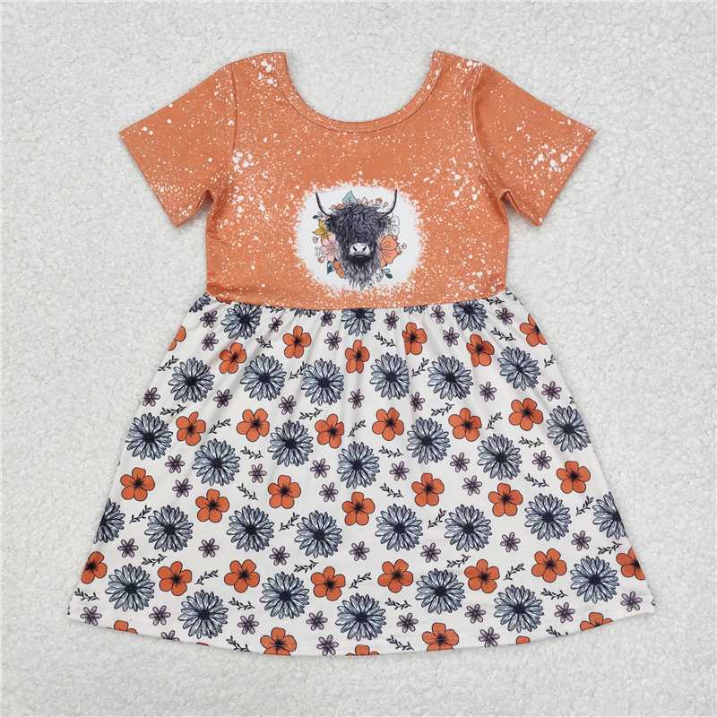 Match Sisters Baby Girls Highland Cow Flowers Short Sleeve Dresses Clothes Sets