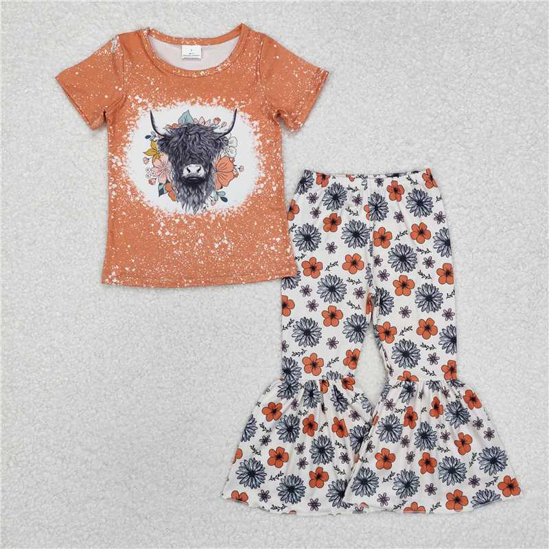 Match Sisters Baby Girls Highland Cow Flowers Short Sleeve Dresses Clothes Sets