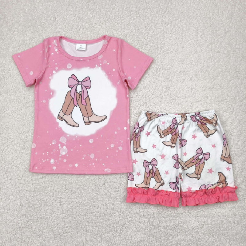 Match Baby Girls Short Sleeve Flowers Boot Tops Biking Ruffle Shorts Clothes Sets  D 5.26
