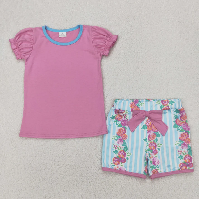 Match Baby Girls Short Sleeve Flowers Boot Tops Biking Ruffle Shorts Clothes Sets  D 5.26