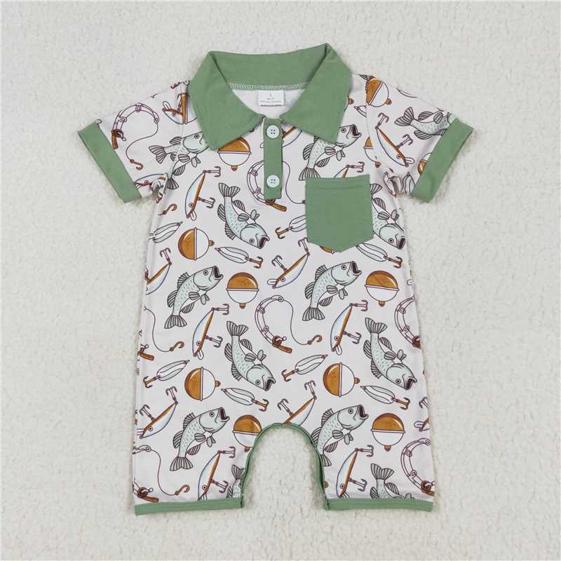 Match Baby Boys Green Pocket Shirts Fishing Rompers Sets