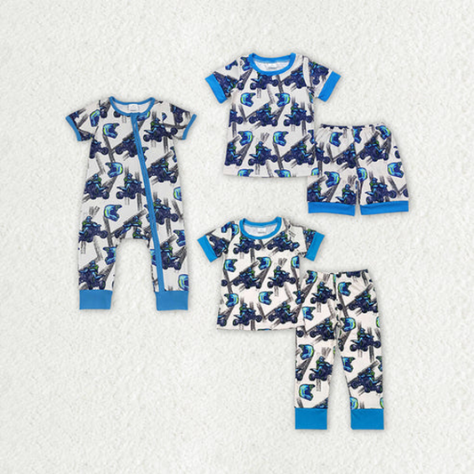 Match Baby Boys Blue Motobike Sibling Rompers Pajamas Clothes Sets