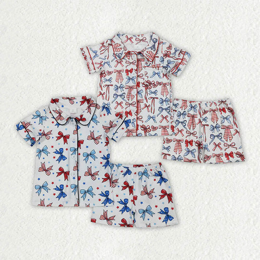 Sibling Baby Girls Bows Button Top Short 4th Of July Pajamas Sets D 7.8