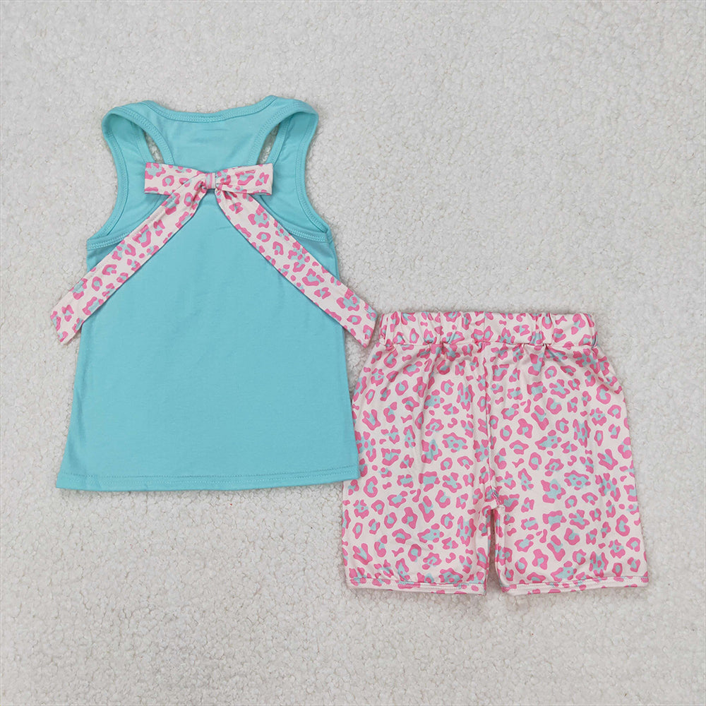 GSSO1784 Baby Girls Pink Leopard Print Bow Teal Vest Shorts Set  D 3.18
