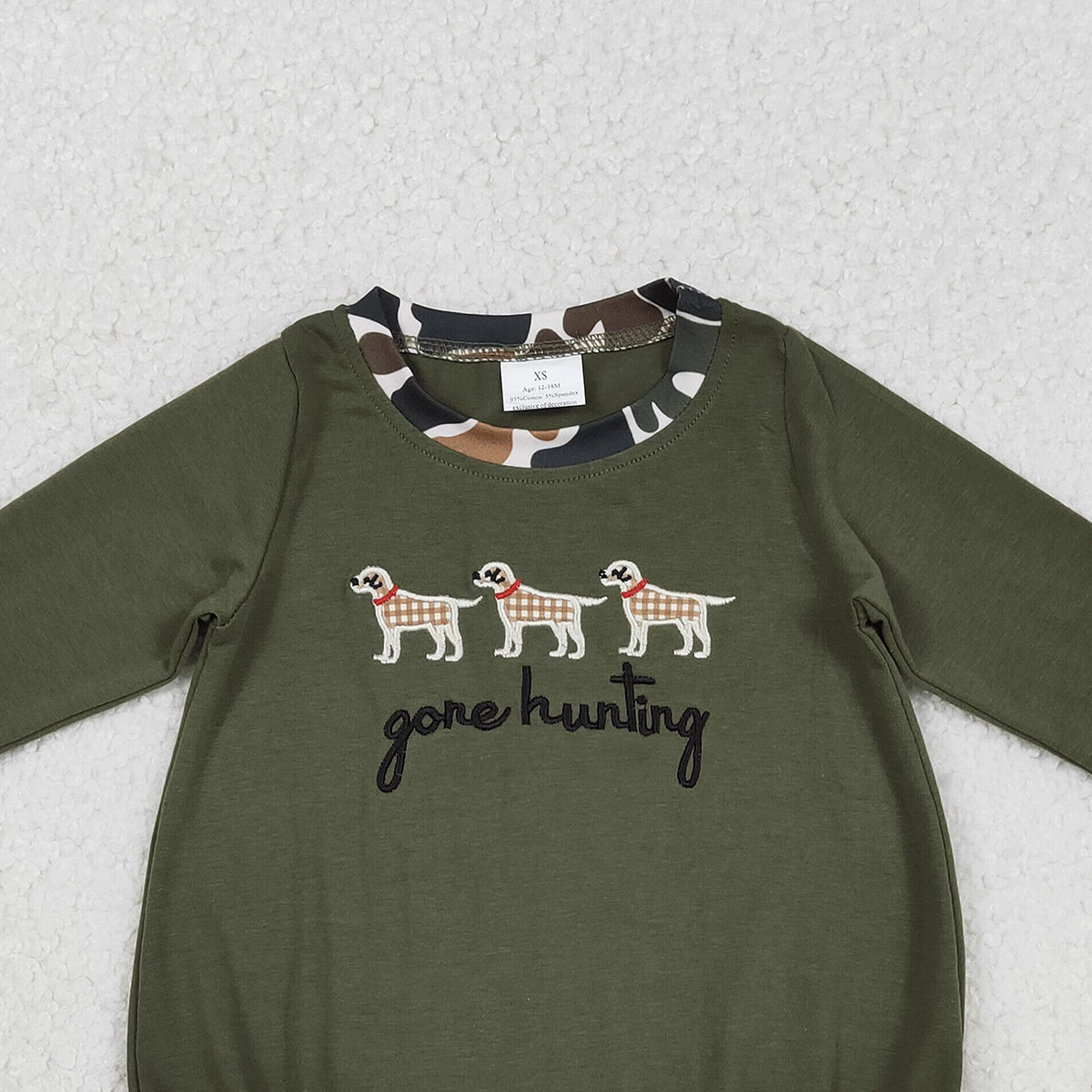 Baby Boys Olive Green Rompers Embroidery 'Gone Hunting Dogs' Cute Baby Outfit Toddler Boys Clothing