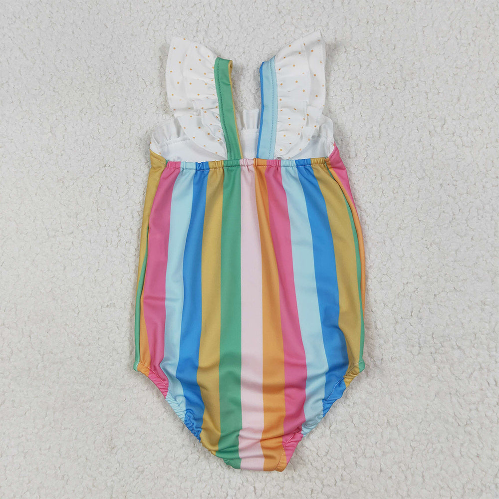 S0550 Baby Girls Flutter Sleeves Colorful Stripe One Piece Swimsuits  D 6.28
