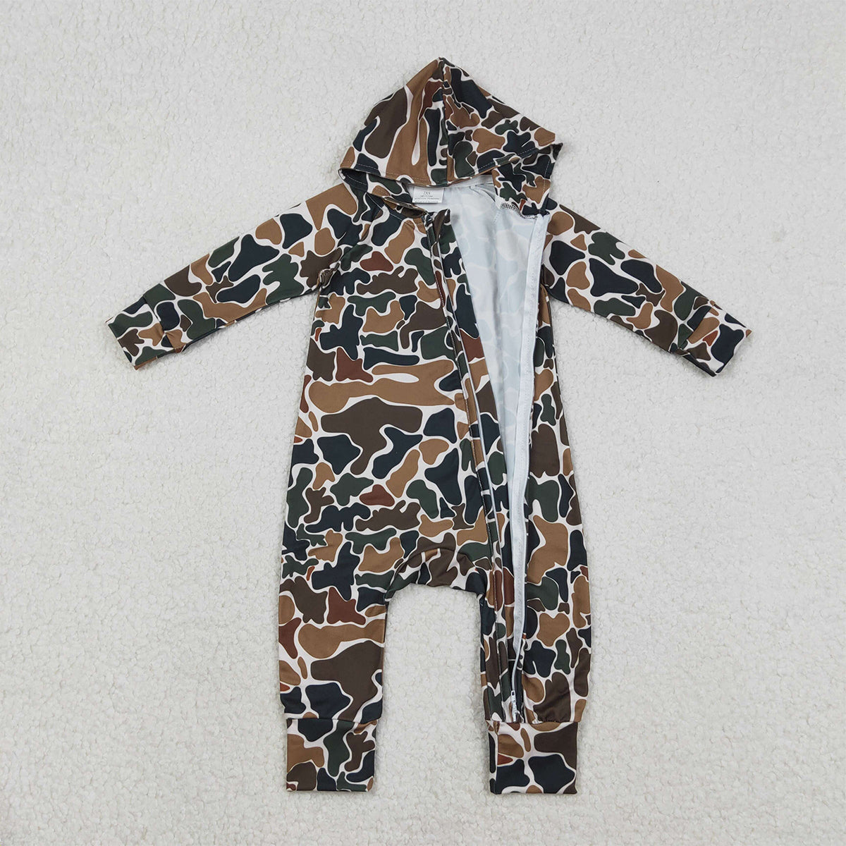 Baby Boys Southern Dark Brown Camo Hoodie Two-Way Zip Convertible Rompers for Infants