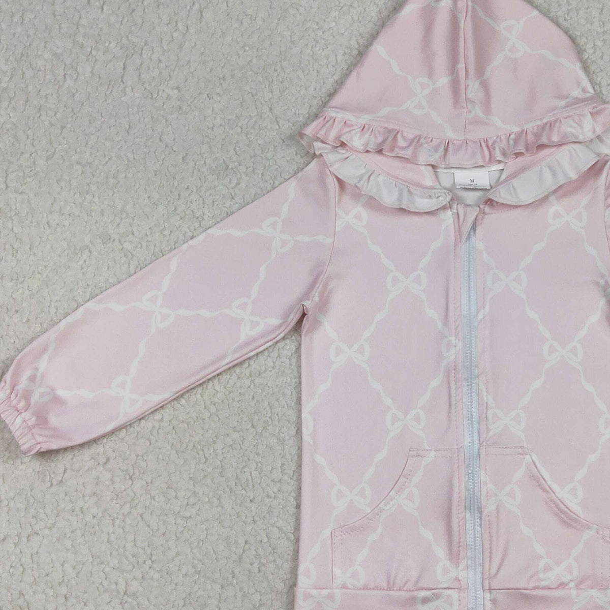 Baby Girls Pink Checked Hoodie Jacket with Bows And Pockets Zip Closure Ruffle Detail Top for Kids