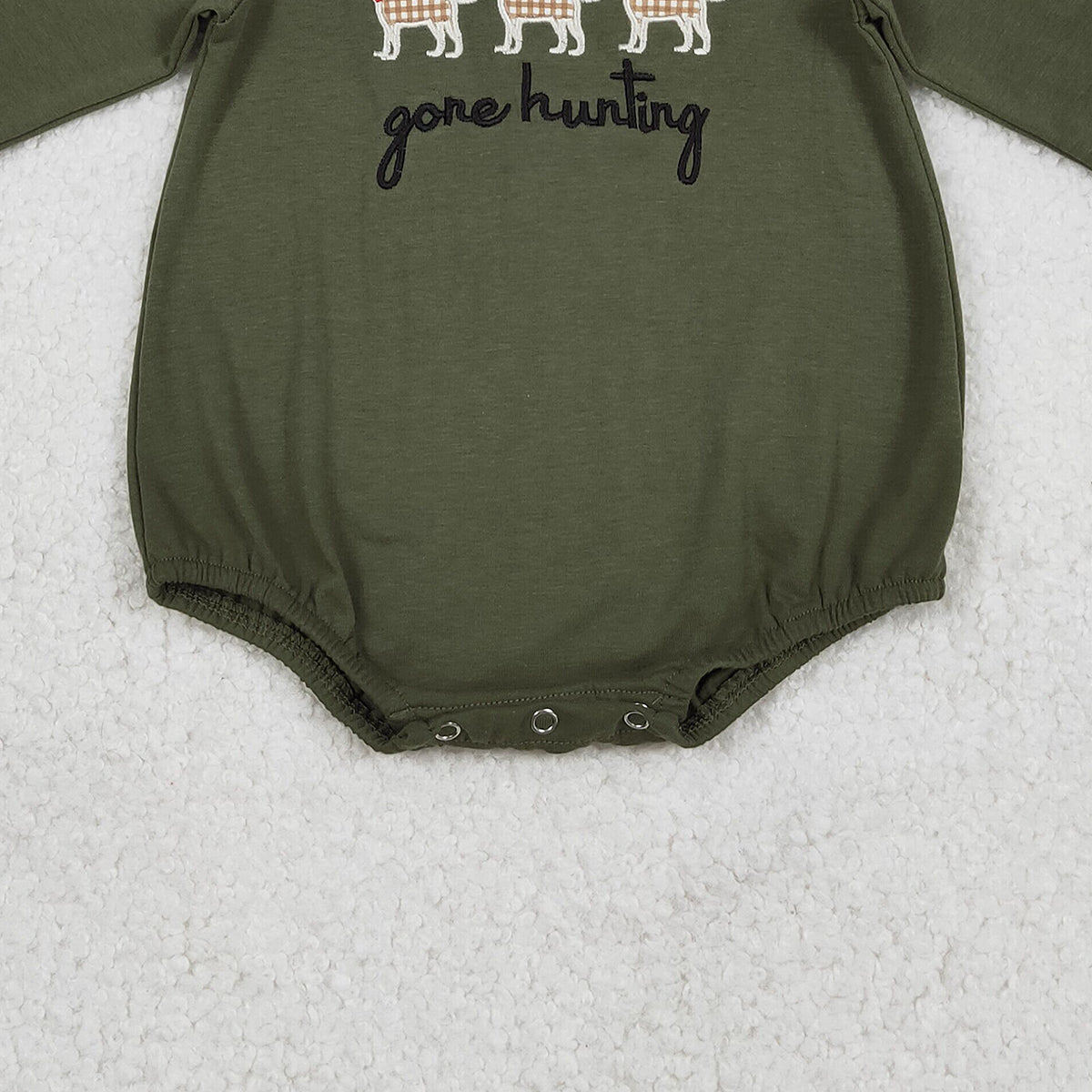 Baby Boys Olive Green Rompers Embroidery 'Gone Hunting Dogs' Cute Baby Outfit Toddler Boys Clothing