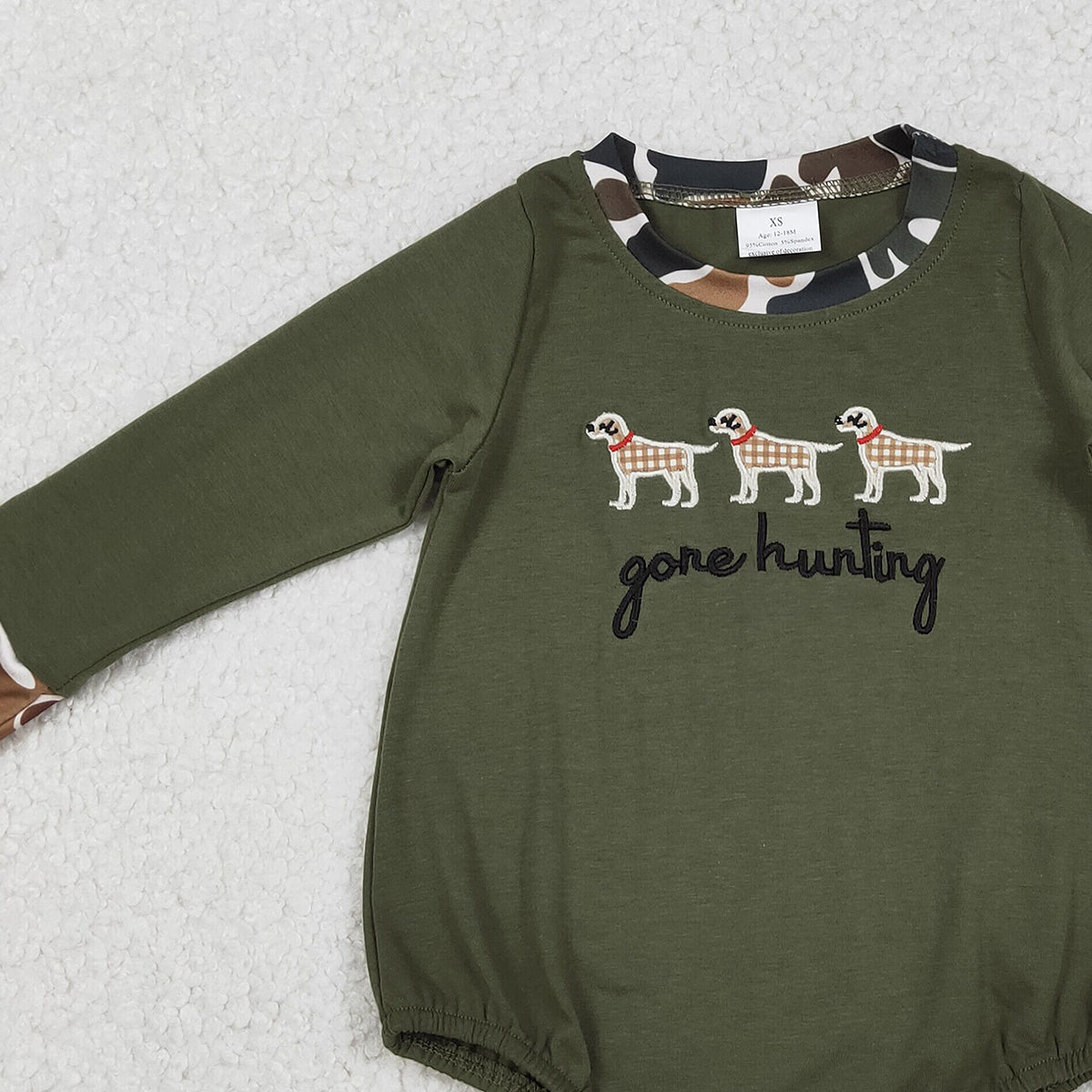 Baby Boys Olive Green Rompers Embroidery 'Gone Hunting Dogs' Cute Baby Outfit Toddler Boys Clothing