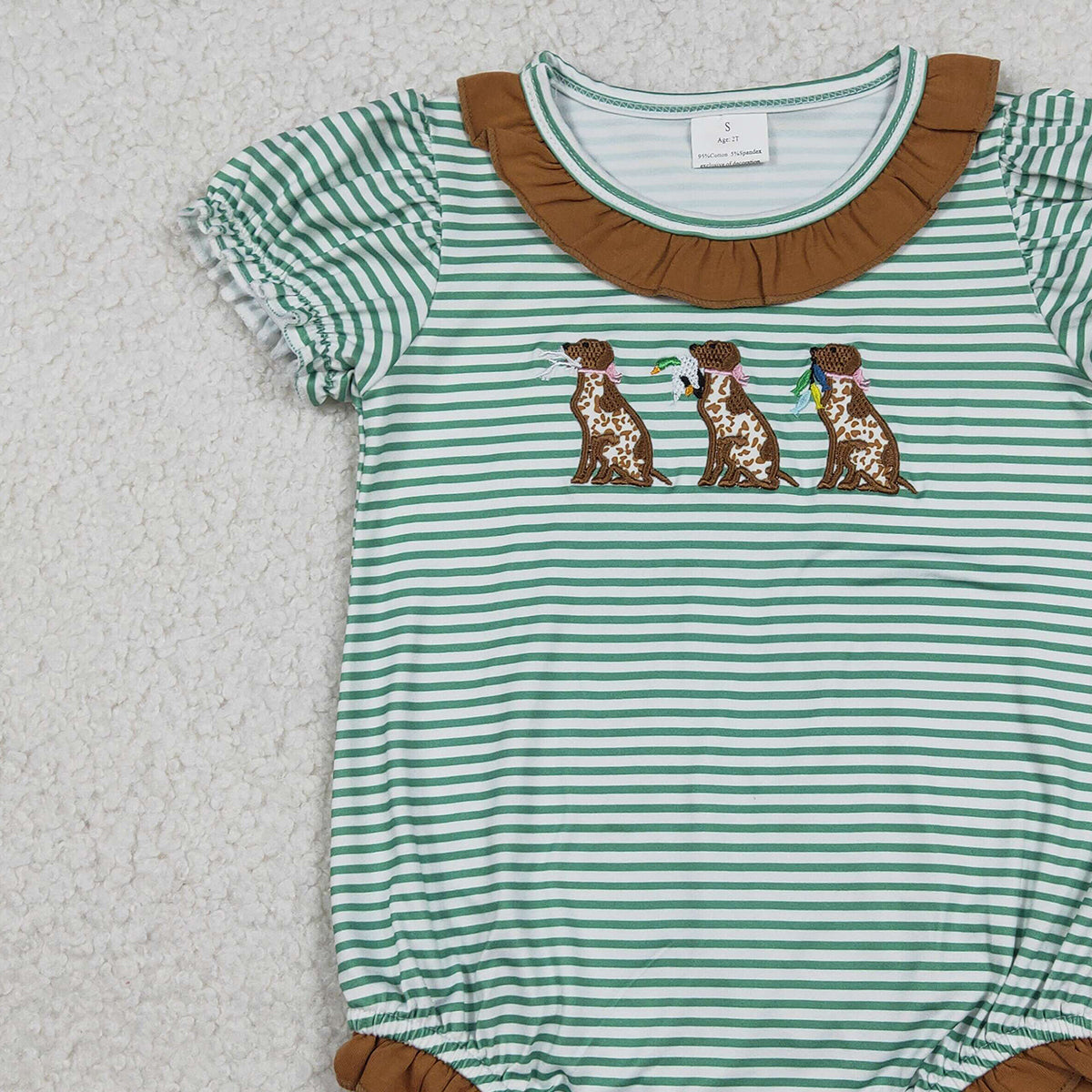 Baby Girls Embroidered Ducks & Dogs Ruffle Romper with Stripe Collar Hunting Theme Clothing for Infants