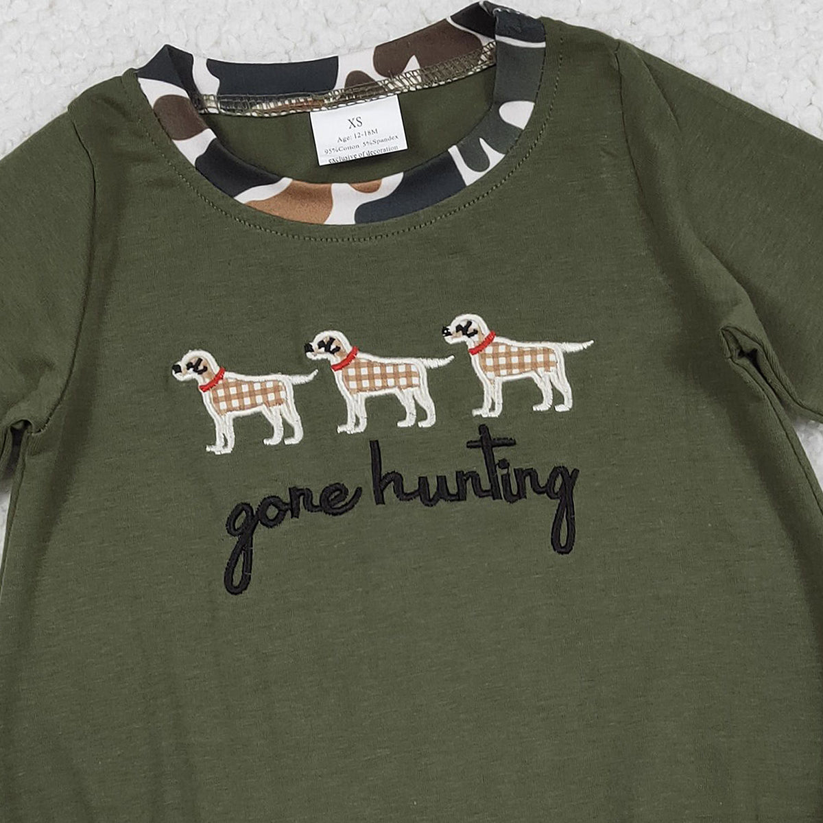 Baby Boys Olive Green Rompers Embroidery 'Gone Hunting Dogs' Cute Baby Outfit Toddler Boys Clothing