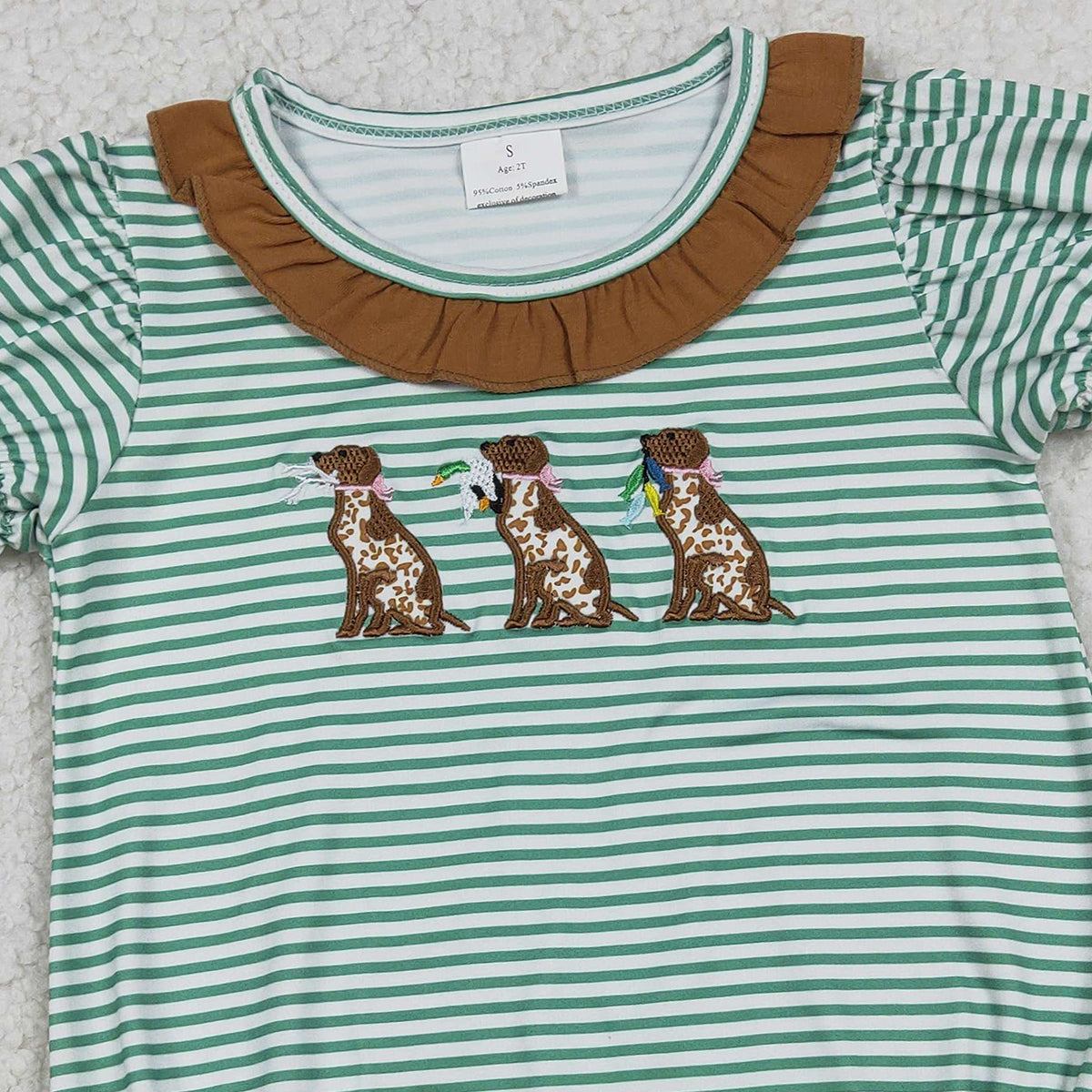 Baby Girls Embroidered Ducks & Dogs Ruffle Romper with Stripe Collar Hunting Theme Clothing for Infants