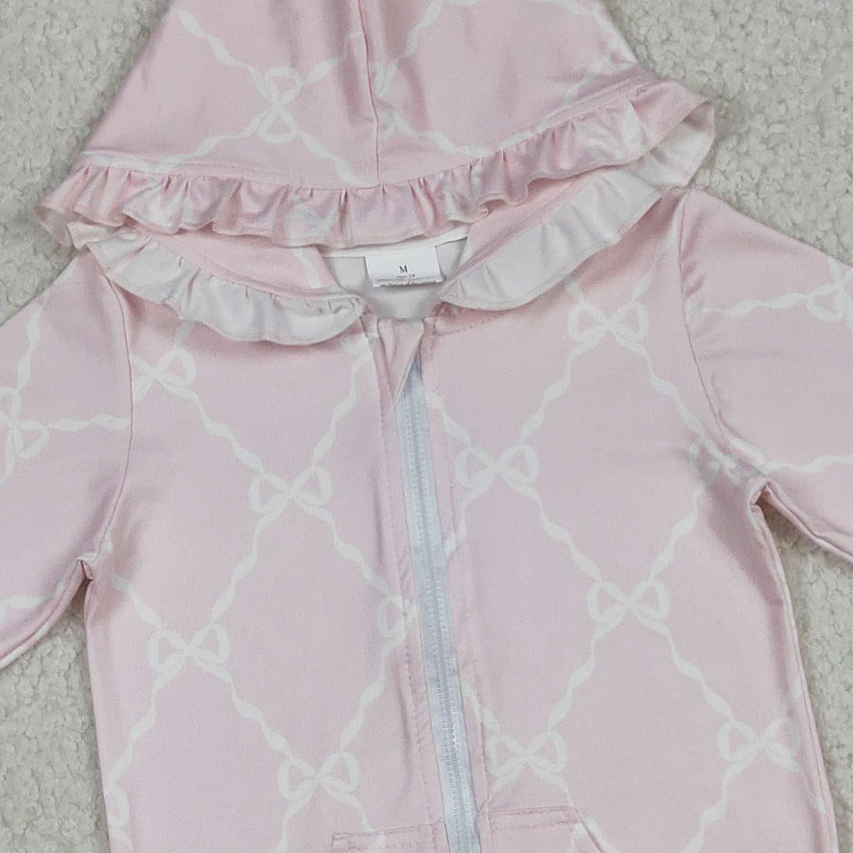 Baby Girls Pink Checked Hoodie Jacket with Bows And Pockets Zip Closure Ruffle Detail Top for Kids