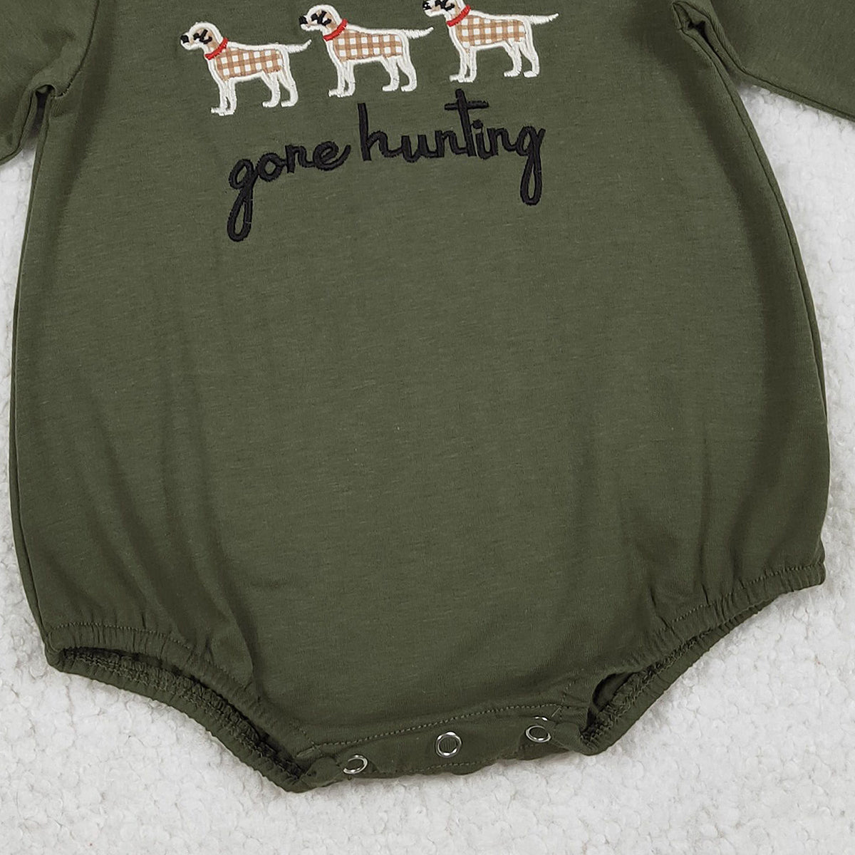Baby Boys Olive Green Rompers Embroidery 'Gone Hunting Dogs' Cute Baby Outfit Toddler Boys Clothing