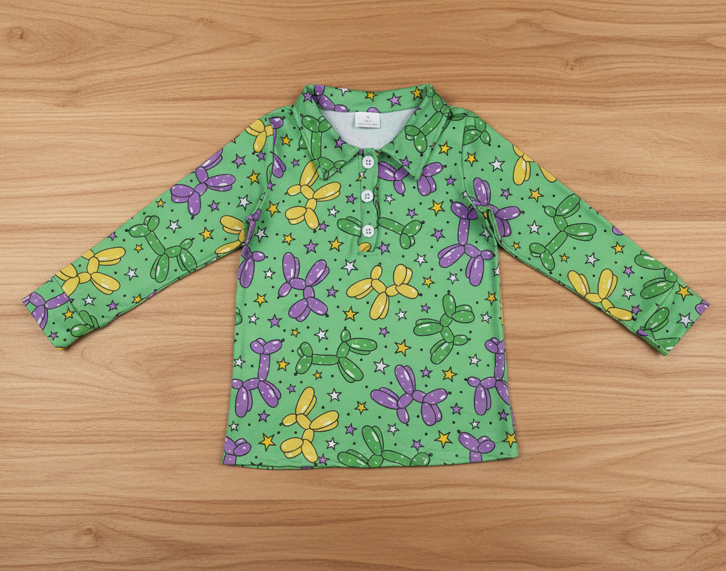 long sleeve mardi gras balloon boy polo shirt